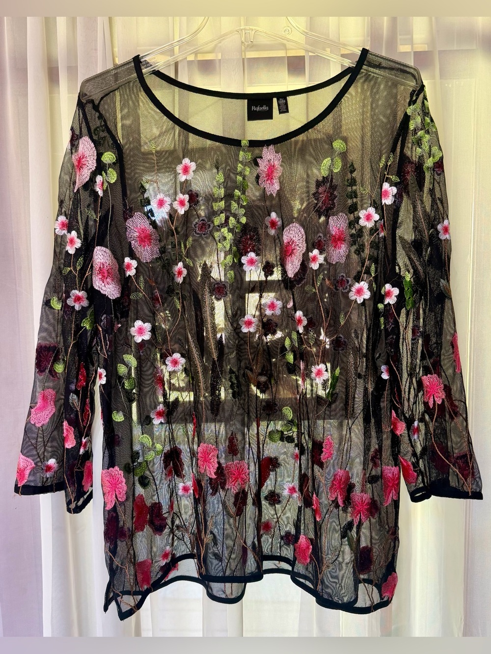 Rafaella Sheer Black Blouse w/ Pink Floral Embroidered Design XL